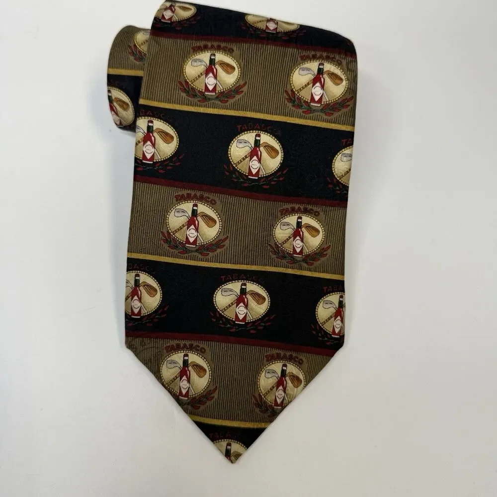 Tabasco Hot Sauce And Golf Club Theme Black Tan Red 100% Silk Neck Tie